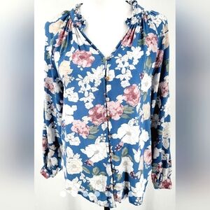Alex & Jordan Blouse Womens Small Floral‎ Blue Ruffle V Neck